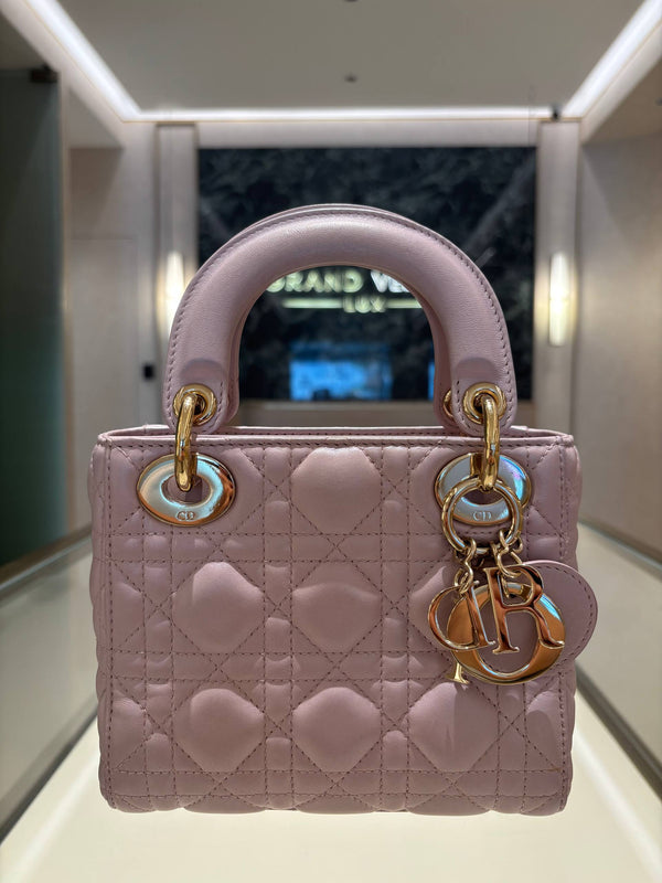 CHRISTIAN DIOR MINI LADY DIOR IN LOTUS PEARLESCENT PINK LAMBSKIN AND GOLD HARDWARE