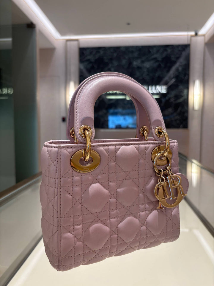 CHRISTIAN DIOR MINI LADY DIOR IN LOTUS PEARLESCENT PINK LAMBSKIN AND GOLD HARDWARE
