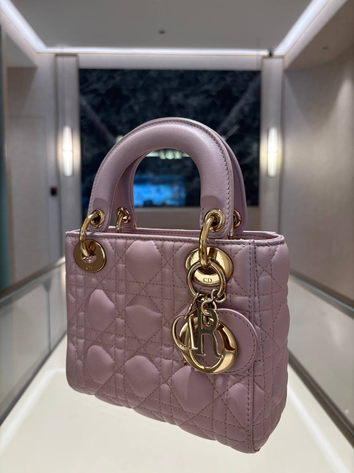 CHRISTIAN DIOR MINI LADY DIOR IN LOTUS PEARLESCENT PINK LAMBSKIN AND GOLD HARDWARE