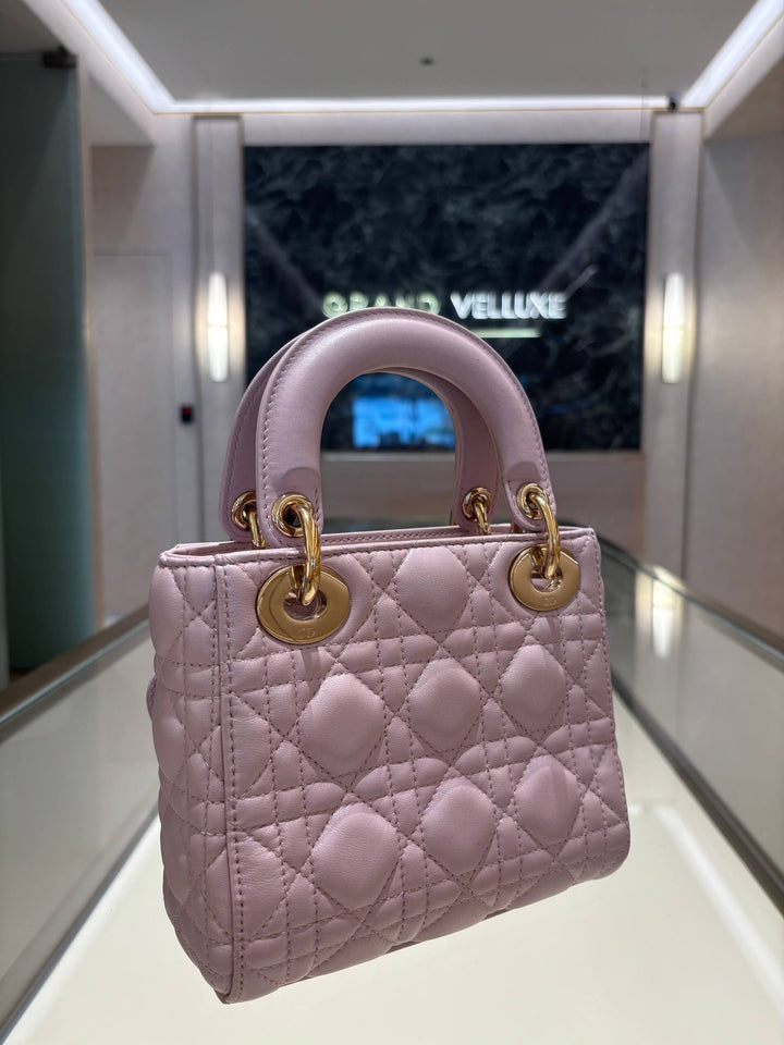 CHRISTIAN DIOR MINI LADY DIOR IN LOTUS PEARLESCENT PINK LAMBSKIN AND GOLD HARDWARE