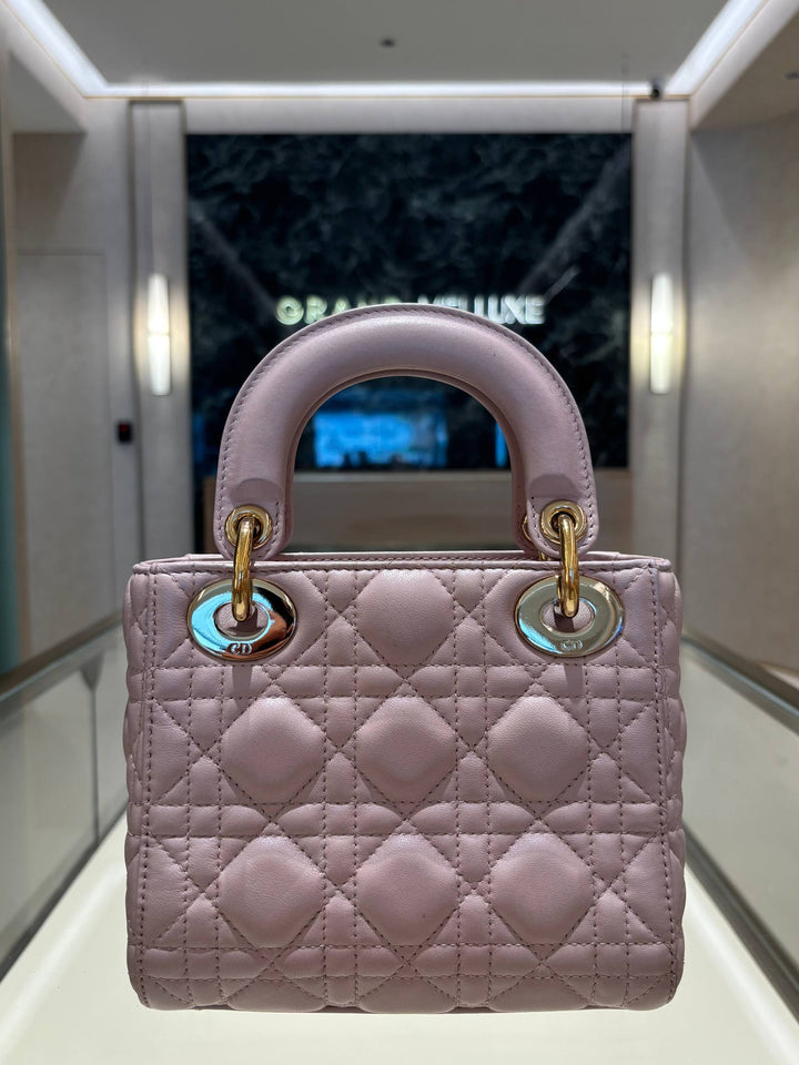 CHRISTIAN DIOR MINI LADY DIOR IN LOTUS PEARLESCENT PINK LAMBSKIN AND GOLD HARDWARE