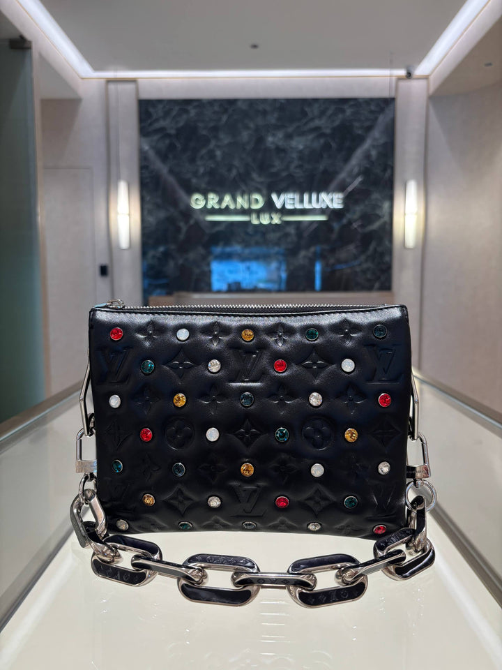 LOUIS VUITTON MONOGRAM CRYSTAL EMBELLISHED COUSSIN BB IN BLACK LAMBSKIN LEATHER