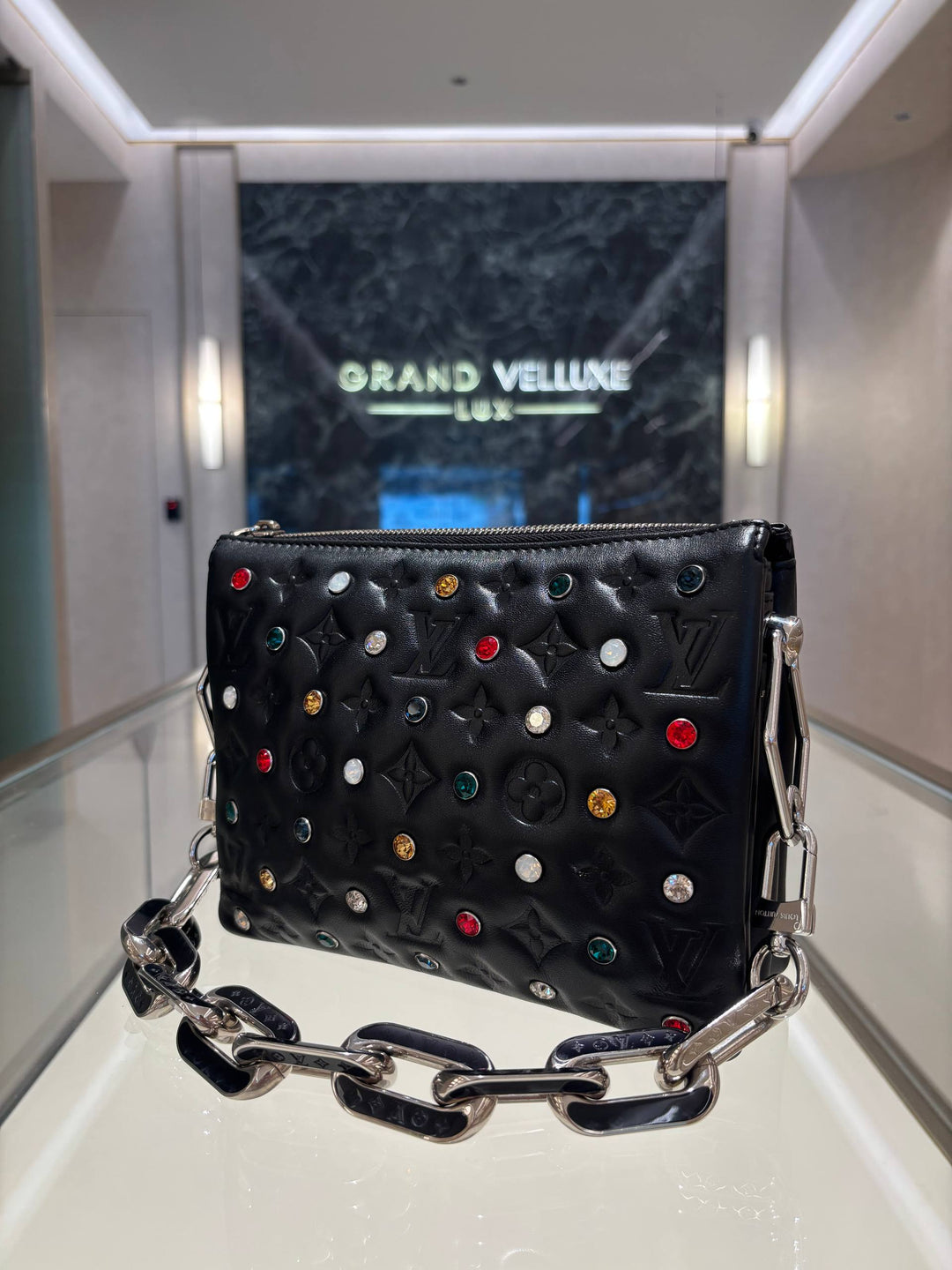 LOUIS VUITTON MONOGRAM CRYSTAL EMBELLISHED COUSSIN BB IN BLACK LAMBSKIN LEATHER