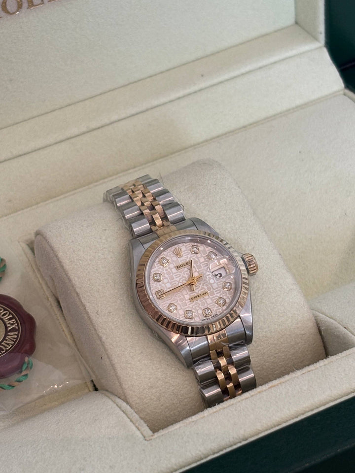 ROLEX LADY DATEJUST HALF 18K 750 YELLOW GOLD JUBILEE 69173 WHITE COMPUTER DIAMOND DIAL 26MM AUTOMATIC WATCH