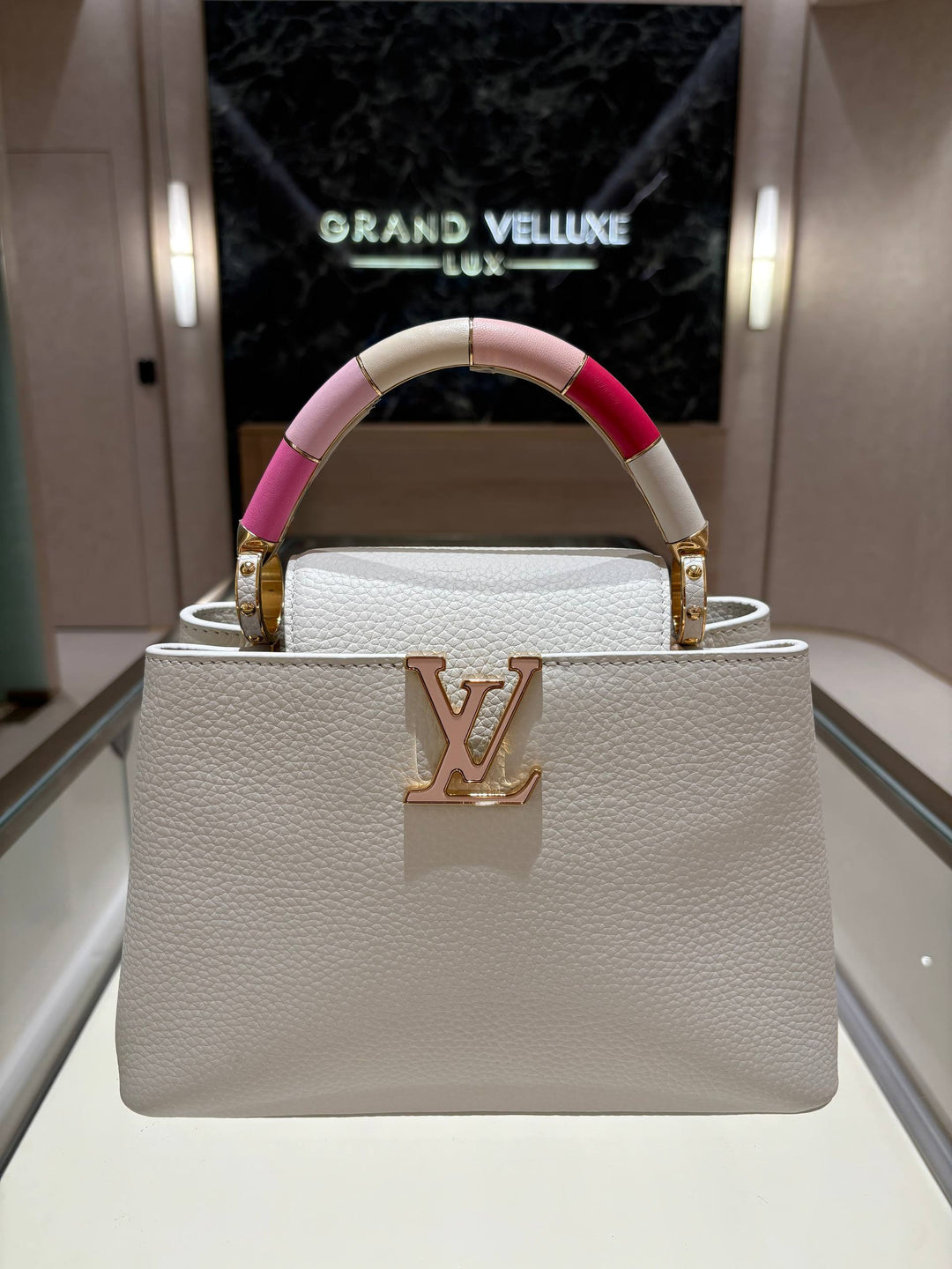 LOUIS VUITTON CAPUCINES BB LIMITED EDITION BAG IN WHITE TAURILLON LEATHER WITH RAINBOW TOP HANDLE