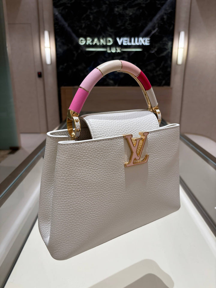 LOUIS VUITTON CAPUCINES BB LIMITED EDITION BAG IN WHITE TAURILLON LEATHER WITH RAINBOW TOP HANDLE