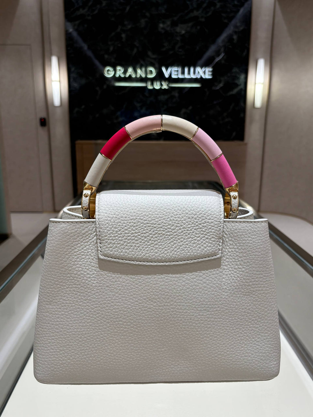 LOUIS VUITTON CAPUCINES BB LIMITED EDITION BAG IN WHITE TAURILLON LEATHER WITH RAINBOW TOP HANDLE